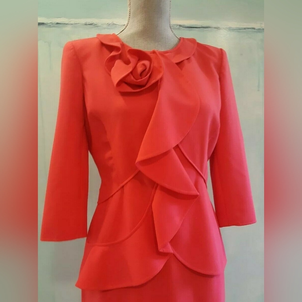 □$4,000 OSCAR DE LA RENTA BEAUTIFUL RUFFLE ROSE RED WOOL SKIRT SUIT US 6 - Picture 11 of 13